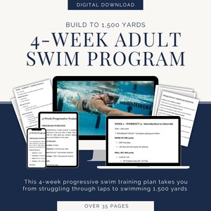 May include: A digital download 4-week adult swim program guide featuring text and images on a computer monitor, tablet, and smartphone. The documents include workout plans, program overviews, and frequently asked questions totaling over 35 pages.
