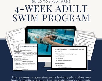 4-Week Fitness Swimming Training Plan | Build to 1,500 yards | Printable Pool Workout PDF | Learn to Swim Fitness Program | Instant Download