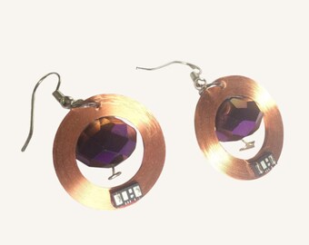 Upcycled Timing Chip Earrings | Purple Bead | Running Gift for Her