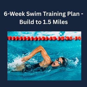 Może przedstawiać: Pływaczka w czarnym stroju kąpielowym i okularach pływa w basenie. Obraz zawiera tekst: "6-Week Swim Training Plan - Build to 1.5 Miles".