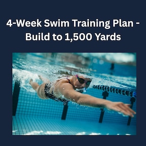 Op de afbeelding: Een document getiteld 4-Week Swim Training Plan - Build to 1,500 Yards met tekst bovenaan en een onderwaterbeeld van een persoon in een zwart badpak en donkere zwembril die de borstcrawl zwemt in een blauw betegeld zwembad.
