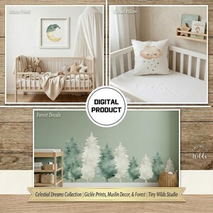 Celestial Nursery Sticker Set, Moon Cloud Forest Watercolor Art (Digital Download)
