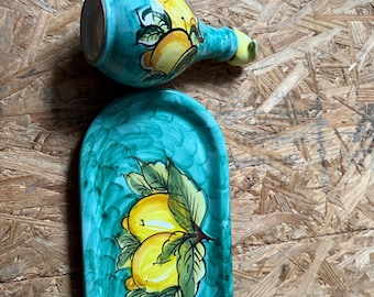 Vintage Hand Painted Italian Ceramic Lemon Cruet & Tray Set | Made in Italy | Mediterranean Kitchen Decor | Olive Oil Bottle | Lemon Pottery