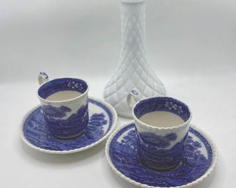 Pair of Antique Copeland Spode Blue Tower Demitasse Cups & Saucers, Gadroon Edge, Crazing