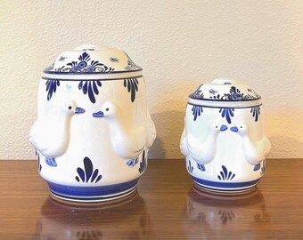 Delft Blue Hand-Painted Geese Ceramic Canisters Pair, Vintage Farmhouse Kitchen Storage