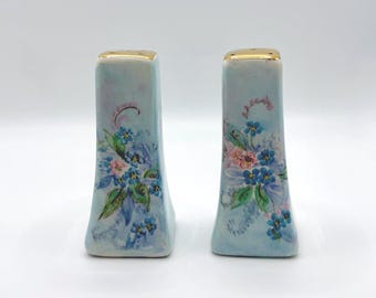 Antique European Gold Trim Hand Painted Blue Forget Me Not, Porcelain Salt & Pepper Shakers