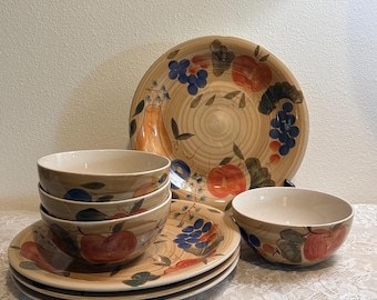 Alco Industries Stoneware Plates & Bowls Sets, Vintage Cottagecore TuscanStyle Fruit Design