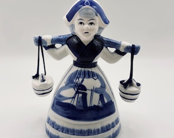 Vintage Porcelain Delft Blue Milkmaid Figurine Table Bell