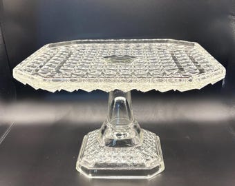 Antique 1883 Campbell Jones Diamond Cake Stand - EAPG Squared Fine Cut, Reactive Manganese Glow