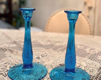 Fostoria Vesper Blue Glass Candlesticks, Antique Etched Floral Sapphire Blue Candle Holders Pair