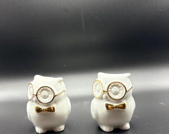 Discontinued White and Gold Wise Owl With Glasses Salt and Pepper Shakers