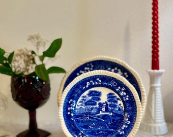 Patriotic Decor Bundle Antique Spode Plates Avon Ruby Red Goblet Milk Glass Vase Stand
