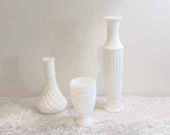 Vintage and Antique 3 Piece Milk Glass Bundle With Small Goblet and 2 Vases