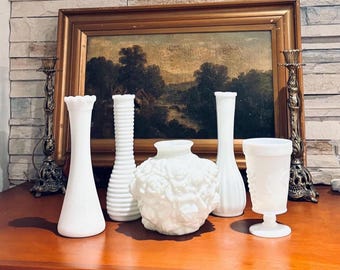 Vintage Imperial Glass LaBella Rose Milk Glass  5 Piece Vase Bundle