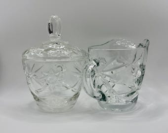 Vintage 1960s Anchor Hocking EAPC Creamer and Covered Sugar Bowl Set  Star and Fan