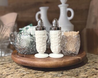 Cottagecore MCM Westmorland Milk Glass Salt Pepper Shakers with Chrome Tops; 3 Options/ Designs