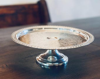 1970s Leonard Silverplate Cake Stand, 12.25” Engraved Pedestal Tray