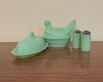 Jadeite Kitchen or Dining Accessory Bundle; HON, Gigi Butterdish & Hobnail Salt/Pepper