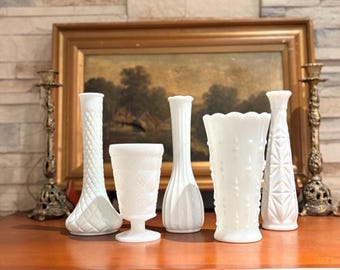 Eclectic Vintage Mid Century Milk Glass Vase Event Decor Bundle