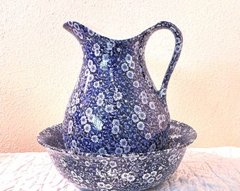Large Vintage Burleigh Calico Blue Pitcher and Bowl Set Crownford China, Staffordshire England