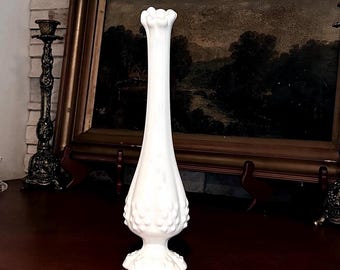 Vintage MCM  Marked Fenton 10" Footed Ruffle White Milk Glass Hobnail Swung Vase