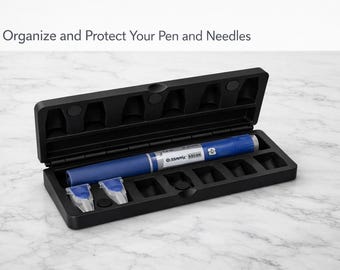 May include: A black rectangular storage case with a hinged lid, containing a blue injection pen and two needle tips. The case features molded compartments for organization. The text "Organize and Protect Your Pen and Needles" is visible above the case.