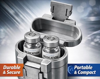 May include: A metallic, oval-shaped medication case with a hinged lid, containing two small glass vials with silver caps. The case features a secure latch mechanism. Text on the image reads: Premium Dual Vial Medication Case, Durable & Secure, Portable & Compact, Keep Your Medications Safe & Protected!