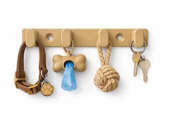May include: A beige wall-mounted organizer with four hooks. It holds a brown dog collar, a bone-shaped bag dispenser with a blue bag, a rope toy, and keys. The items are for pet care and home organization.