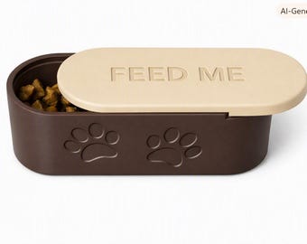 May include: An oval-shaped dark brown pet food container with a sliding light beige lid featuring the embossed text FEED ME. The side of the container displays two embossed paw prints, and the interior is partially filled with brown kibble.