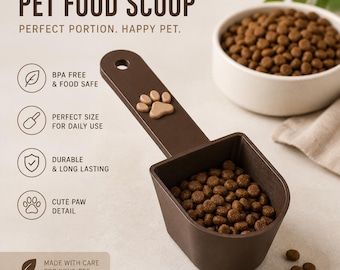 May include: A dark brown pet food scoop featuring a light brown paw print detail on the handle. The scoop is filled with brown dry pet food kibble. Text on the image includes PET FOOD SCOOP, PERFECT PORTION. HAPPY PET., BPA FREE & FOOD SAFE, PERFECT SIZE FOR DAILY USE, DURABLE & LONG LASTING, CUTE PAW DETAIL, and MADE WITH CARE FOR YOUR PET.