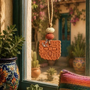 May include: A terracotta-colored, square-shaped ornament with a floral design and scalloped edges, hanging from a natural rope. The ornament features a small silver anchor charm. Above the ornament are two textured beads, one white and one red.