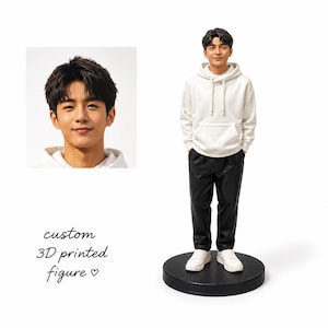 May include: A custom 3D printed figure of a person wearing a white hoodie, black pants, and white sneakers, standing on a black circular base. A headshot of the person is in the upper left corner. The text "custom 3D printed figure" is below the headshot.