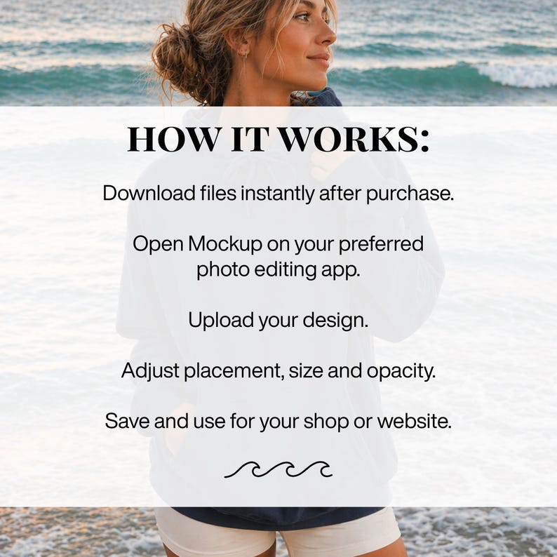 Puede incluir: Un gr&aacute;fico de instrucciones digitales con el texto: HOW IT WORKS: Download files instantly after purchase. Open Mockup on your preferred photo editing app. Upload your design. Adjust placement, size and opacity. Save and use for your shop or website.