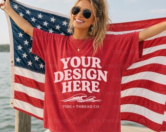 Pacchetto di mockup con bandiera Red Comfort Colors 1717, mockup di magliette patriottiche, mockup di t-shirt americana, mockup del 4 luglio, maglietta rossa oversize