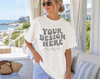 Pacchetto di mockup Comfort Colors 1717 Butter / Mockup di t-shirt bianca CC1717 / Mockup di t-shirt Coastal Cabana fronte e retro / Abbigliamento da resort New England