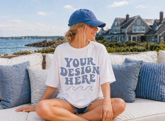New England Coastal Shirt Mockup | Woman White Tee Mockup | Beach Lifestyle Shirt Mockup | Coastal Boat Summer Mockup | Etsy Shirt Mockup