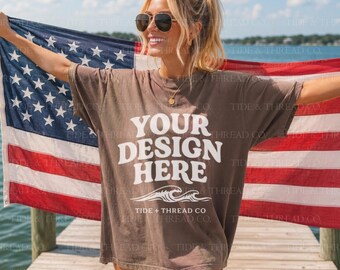 Espresso Comfort Colors 1717 Flag Mockup Bundle, Patriotic Shirt Mockups, Americana Tee Mock up, 4th of July Mockup, Oversized Brown Shirt