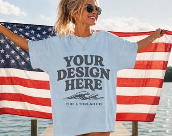 Chambray Comfort Colors 1717 Flag Mockup Bundle, Patriotic Shirt Mockups, Americana Tee Mockup, 4th of July Mockup, Oversized Blue Shirt