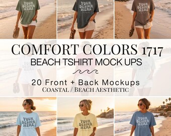 Pacchetto di mockup da spiaggia Golden Hour di Tide and Thread Comfort Colors 1717, mockup di t-shirt oversize costiera, mockup di t-shirt lifestyle fronte e retro.