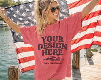 Pacchetto di mockup della bandiera Watermelon Comfort Colors 1717, mockup di magliette patriottiche, mockup di t-shirt americana, mockup del 4 luglio, maglietta rosa oversize
