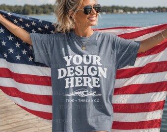 Pacchetto di mockup con bandiera Blue Jean Comfort Colors 1717, mockup di magliette patriottiche, mockup di t-shirt americana, mockup del 4 luglio, maglietta blu oversize