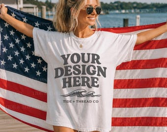 Pacchetto di mockup con bandiera White Comfort Colors 1717, mockup di maglietta patriottica, mockup di maglietta americana, mockup del 4 luglio, mockup di maglietta bianca oversize