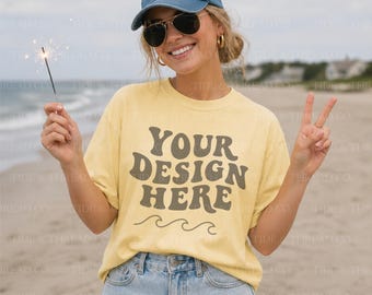 Comfort Colors 1717 Butter Front + Back July 4th Mockup / Patriotic Beach Shirt Mockup / Coastal Summer TShirt Mockup USA Hat Lifestyle Tee