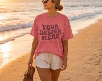 Mockup della t-shirt Tide and Thread Watermelon Comfort Colors 1717 / Mockup della camicia da spiaggia oversize rosa / Mockup della t-shirt Coastal Summer CC1717 Golden Hour
