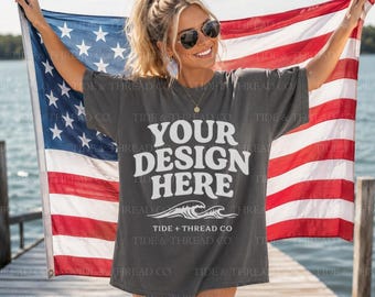 Pacchetto di mockup con bandiera Pepper Comfort Colors 1717, mockup di magliette patriottiche, mockup di t-shirt americana, mockup del 4 luglio, t-shirt grigia oversize