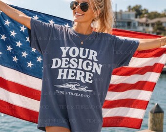 Denim Comfort Colors 1717 Flag Mockup Bundle, Patriotic Shirt Mockups, Americana Tee Mock up, 4th of July Mockup, Oversized Dark Blue Shirt