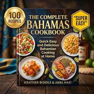 Può includere: Un libro di cucina intitolato "The Complete Bahamas Cookbook" con il testo "100 Ricette" su un sigillo d'oro. La copertina presenta immagini di piatti delle Bahamas. Il libro promette una cucina bahamense veloce, facile e deliziosa a casa.