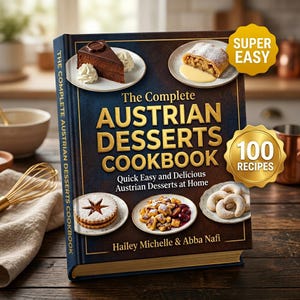 Puede incluir: Un libro de cocina titulado "The Complete Austrian Desserts Cookbook" con imágenes de varios postres. La portada presenta un fondo azul oscuro con letras doradas y un sello dorado que dice "100 recetas". El libro está abierto sobre una superficie de madera.