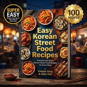 Puede incluir: Un libro de cocina titulado Easy Korean Street Food Recipes por Vinisha Vinny y Abba Nafi, con texto dorado sobre una portada azul oscuro. La portada muestra varios platos coreanos en cuencos y platos, con un sello de 100 Recipes y una insignia de Super Easy.