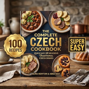 May include: A cookbook titled "The Complete Czech Cookbook" with the text "100 Recipes" on a gold medallion. The cover features images of Czech dishes. The words "Super Easy" are in a gold box.